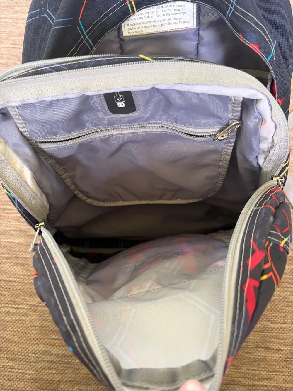 L.L. Bean Black Backpack with Red and Blue Geometric Print